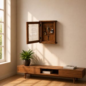 Peut inclure: Une armoire à clés murale rectangulaire en bois avec une porte vitrée à charnières. La vitre porte l'inscription blanche BISTRO DE PARIS et RESTAURANT avec un motif de clé. À l'intérieur, quatre crochets métalliques supportent des clés.