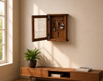 Vintage houten sleutelhouder met glazen panelen, rustieke woondecoratie, organizer voor de hal, cadeau voor een housewarming.