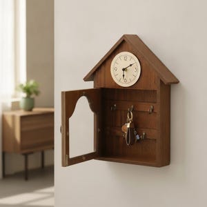 May include: A wall-mounted wooden key cabinet shaped like a house with a peaked roof. The cabinet features a round clock face with black numerals and hands, a hinged door with a glass panel, and several metal hooks holding a set of keys inside.