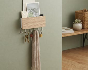 Wooden Wall Mounted Organizer Natural Finish Minimalist Design Home Storage Solution for Keys and Mail