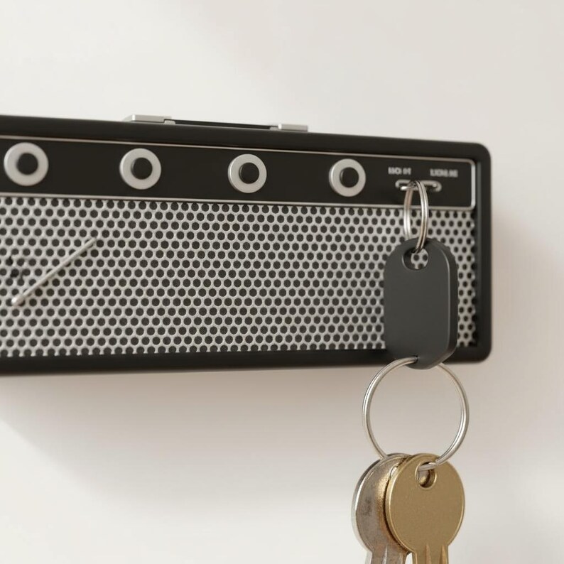 May include: A black wall-mounted key holder designed to resemble a guitar amplifier, featuring a silver mesh front, four circular input ports, and a black plastic keychain plug inserted into the rightmost port with two metal keys attached.