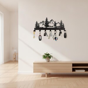 Mountain Landscape Metal Key Holder Rustic Wall Art Pine Trees Hooks Home Decor Nature Lover Gift