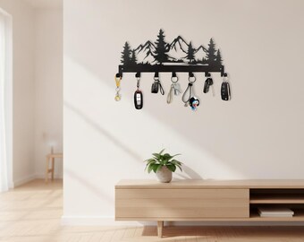 Metalen sleutelhouder met berglandschap, rustieke wanddecoratie, dennenbomen, haken, woondecoratie, cadeau voor natuurliefhebbers