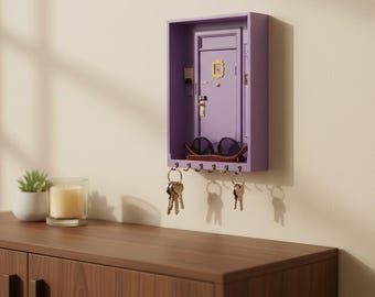 Houten sleutelhouder, miniatuur deurontwerp, paars, kleurrijke wanddecoratie, entree-organizer, cadeau voor thuis