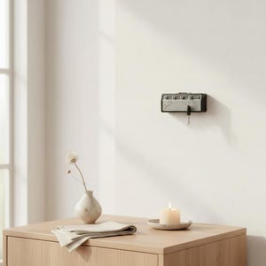 May include: A black and silver wall-mounted key holder designed to resemble a miniature guitar amplifier. The rectangular unit features a textured front grille, control knobs along the top edge, and a single key inserted into a jack input port.
