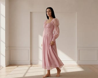 Floral Cottagecore Maxi Dress, Corset Waist, Lantern Sleeves, Regency Gown