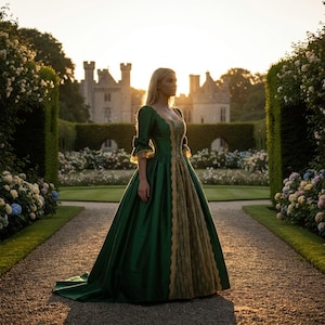green and gold renaissance dress Elizabethan Renaissance 16th Century Forest Green Velvet Gown