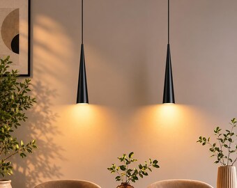 Set di 2 Lampade a Sospensione Nere, Design Conico Minimalista Moderno, Luce Calda GU10