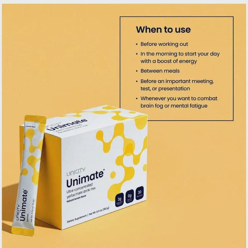 May include: A box and a single packet of Unimate ultra-concentrated yerba mate drink mix in natural lemon flavor. The packaging is white with yellow organic shapes. Text includes 'When to use' with a list of suggested times and Net Wt. 6.4 oz.