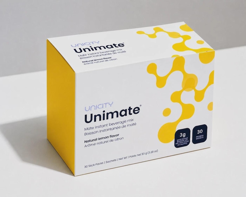 May include: A rectangular box of Unicity Unimate mate instant beverage mix in natural lemon flavor. The white packaging features yellow abstract circular patterns, dark blue text, and two black squares indicating 3g and 30 packets.