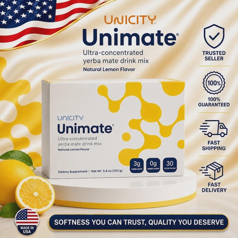 May include: A rectangular box of Unimate ultra-concentrated yerba mate drink mix in natural lemon flavor. The white box features yellow abstract shapes, the Unimate logo, and text indicating 3g yerba mate, 0g added sugar, and 30 stick packs.