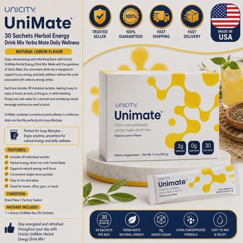 May include: A white box of Unicity UniMate ultra-concentrated yerba mate drink mix with yellow abstract patterns, labeled Natural Lemon Flavor, 3g yerba mate, 0g added sugar, and 30 stick packs, net weight 5.4 oz, with one matching individual sachet.