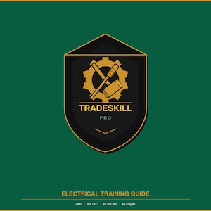May include: A shield-shaped logo with the text "TRADESKILL PRO" and a gear with tools. The logo is black and gold on a green background. Below the logo is the text "ELECTRICAL TRAINING GUIDE".