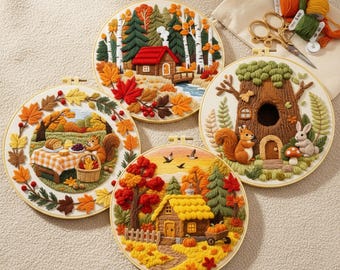 Beginner Autumn Embroidery Kit: Woodland Animal Hoop Art DIY Craft Project