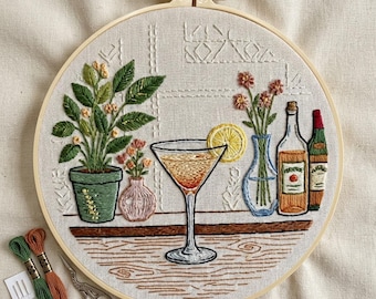 Botanical Cocktail Embroidery Kit: Vintage Gin, Amaro, Bar Cart Hoop Art DIY