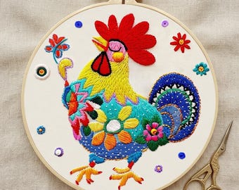 Folk Art Rooster Embroidery Kit: Complete DIY Needlepoint Set with 20cm Hoop