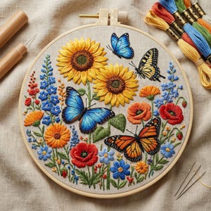 May include: A detailed embroidery hoop with a floral design, including sunflowers, poppies, and butterflies. The artwork features bright colours, with blue, orange, and yellow flowers. The butterflies have intricate wing patterns. The embroidery is set in a wooden hoop.