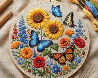 Embroidery Kit: Sunflower Butterfly Floral Hoop Art, Beginner Botanical Craft Set