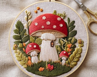 Mushroom Embroidery Kit, Beginner Woodland Botanical Hoop Art, Cottagecore Craft Set