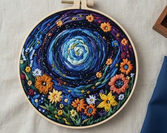 Floral Embroidery Kit: Starry Night Botanical Hoop Art, Modern DIY Needlepoint Set