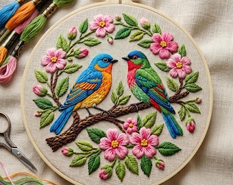 Beginner Bird Embroidery Kit: Floral Wreath Hand Stitching Pattern, Botanical Hoop Art