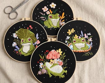 Frog Embroidery Kit, Mushroom Floral Needlecraft Set, Beginner Hand Stitching Craft