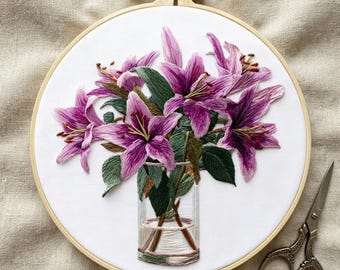 Purple Lily Floral Embroidery Kit: 3D Faux Glass Vase Hoop Art (Beginner Crafter)