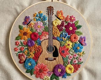 Floral Guitar Embroidery Kit: Botanical Hand Stitching Hoop Art (8-inch)