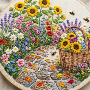 May include: A circular embroidery hoop featuring a garden scene with a stone path, a woven basket filled with sunflowers, and various colorful wildflowers including lavender, daisies, and poppies. Three small bees are stitched onto the fabric.