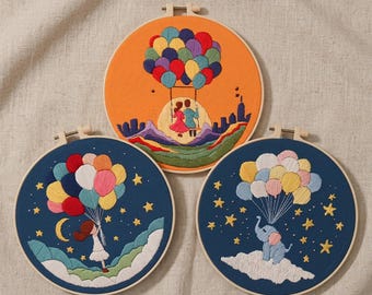 Whimsical Balloon Embroidery Kit: Starry Night, Sunset City, Elephant Cloud Designs