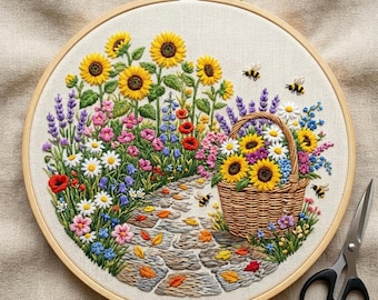 Sunflower Garden Embroidery Kit: Cottagecore Floral Hoop Art, Beginner Botanical Craft (8-inch Hoop)