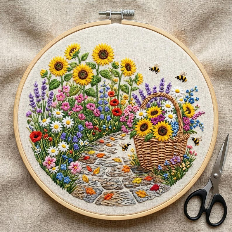 May include: A circular embroidery hoop containing a fabric panel with a detailed needlepoint scene of a stone path, a woven basket filled with sunflowers and daisies, surrounded by lavender, poppies, and bees, with black metal scissors nearby.