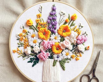 Floral Bouquet Embroidery Kit: Beginner DIY Needlework with Hoop Art