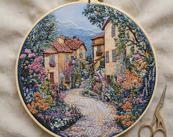 Embroidery Kit: European Village Scenic Landscape Hoop Art DIY Needlework Set