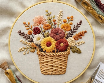Autumn Floral Embroidery Kit: Flower Basket Hoop Art DIY Craft Set
