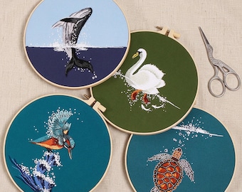 Ocean Animal Embroidery Kit: Aquatic Wildlife Hoop Art (20cm Hoop)