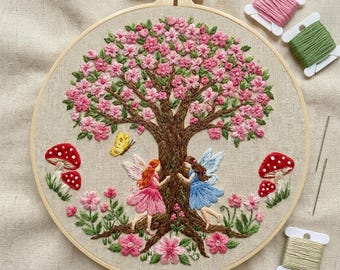 Woodland Fairy Cherry Blossom Embroidery Kit: Mushroom, Butterfly Hoop Art Craft