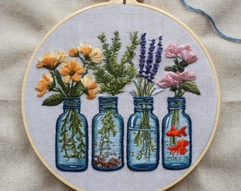 Floral Vases and Goldfish Embroidery Kit: Beginner Botanical Hoop Art (20cm)
