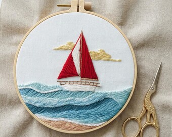 Sailboat Embroidery Kit: Nautical Ocean Wave Needlepoint Set (30cm Hoop)