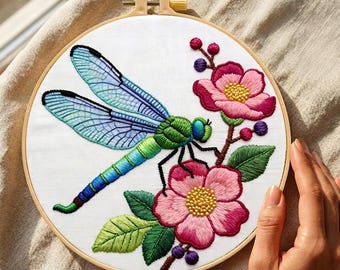 Floral Dragonfly Embroidery Kit: Botanical Needlework Set, Beginner Craft Pattern