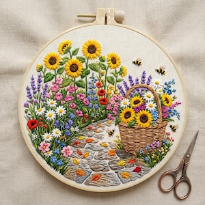 May include: A circular embroidery hoop containing a fabric panel with a detailed needlepoint scene of a stone path, a woven basket filled with sunflowers and daisies, and surrounding wildflowers including lavender, poppies, and bees.