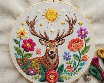 Floral Reindeer Embroidery Kit: Woodland Animal Hoop Art, Botanical Deer Hand Stitching Craft