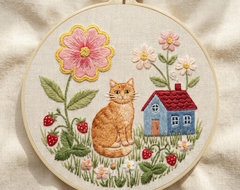 Whimsical Cat Embroidery Kit, Beginner Floral Cottage Hoop Art, Cozy Craft Hobby
