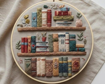Bookshelf Embroidery Kit, DIY Library Hoop Art for Adults & Beginner, Complete 3D Stitch Craft, Thoughtful Book Lover Gift for Reader