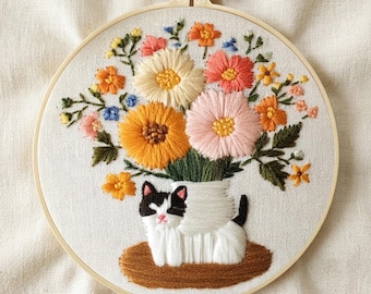Floral Cat Embroidery Kit, Beginner Needlepoint Hoop Art, Whimsical Kitten Craft