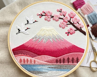 Mount Fuji Embroidery Kit: Cherry Blossom, Crane Landscape Cross Stitch (8-Inch Hoop)