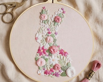 Floral Bunny Embroidery Kit, Beginner Hand Stitching, Spring Rabbit Needlecraft, DIY Craft Project