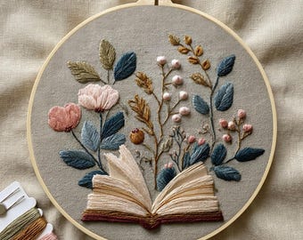 Book and Floral Embroidery Kit: Botanical Cross Stitch Pattern for Readers (8" Hoop)