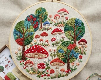 Whimsical Mushroom Embroidery Kit: Fairytale Village Folk Art Hoop Art DIY Craft Set
