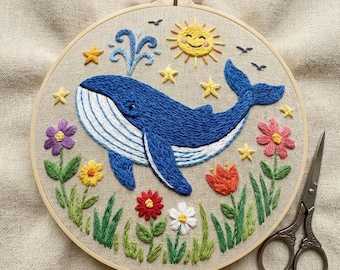 Whale Family Embroidery Kit, Ocean Waves Needlecraft, Beginner Stitching Set (8-inch Hoop)